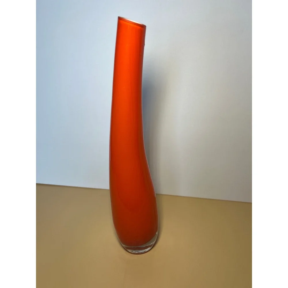 Vintage Orange Art Glass Bud Vase Tall Curved Mid Century Modern Style 12 Inch